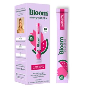 Bloom Nutrition Energy Drink Powder Packets, Sugar Free Energy Drink Mix with L-Theanine, B Vitamins & Natural Caffeine, On the Go Powder Sticks for Natural Energy, 10 Calories ,  Strawberry Watermelon
