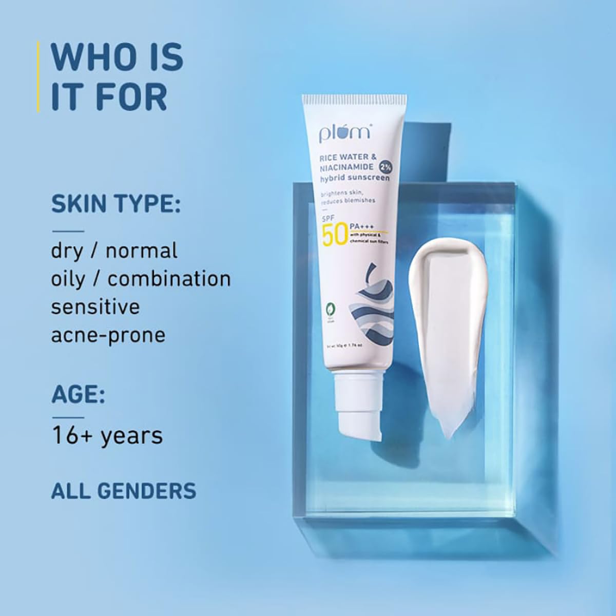 Plum 2% Niacinamide Sunscreen SPF 50 PA+++ With Rice Water | 4-hr Water Resistant | No White Cast, Lightweight, Non-Sticky | 100% Vegan | 50g - Image 7