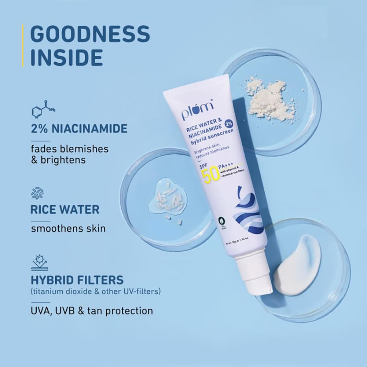 Plum 2% Niacinamide Sunscreen SPF 50 PA+++ With Rice Water | 4-hr Water Resistant | No White Cast, Lightweight, Non-Sticky | 100% Vegan | 50g - Image 6