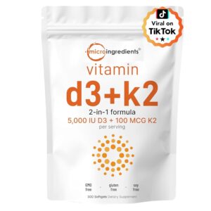 Micro Ingredients Vitamin D3 5000 IU with K2 100 mcg, 300 Soft-Gels | K2 MK-7 with D3 Vitamin Supplement, 2 in 1 Support Immune, Heart, Joint, Teeth & Bone Health - Easy to Swallow 300ct ( 10 -MONTH SUPPLY)