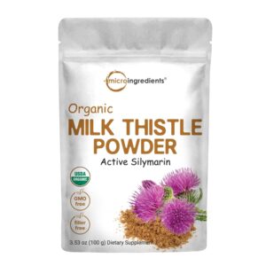 Micro Ingredients Organic Milk Thistle Powder, 3.5 oz (400 Servings) | Herbal Liver Support Milk Thistle Supplement | Liver Detox & Antioxidant Support | Contains Active Silymarin | Non-GMO, Vegan Friendly