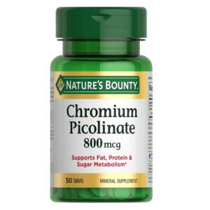 Nature's Bounty Chromium Picolinate, Supports Fat, Protein & Sugar Metabolism, Mineral Supplement, 800 mcg, 50 Tablets