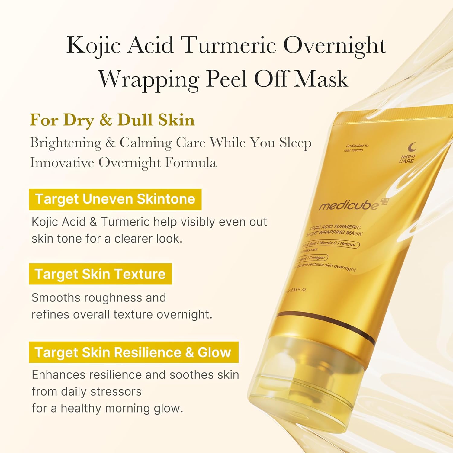 medicube Kojic Acid Turmeric Overnight Wrapping Peel Off Mask – Brightens & Defends Against Skin Stress for a Clear, Glowing Complexion, Korean Skincare, 2.53 fl. oz. - Image 4