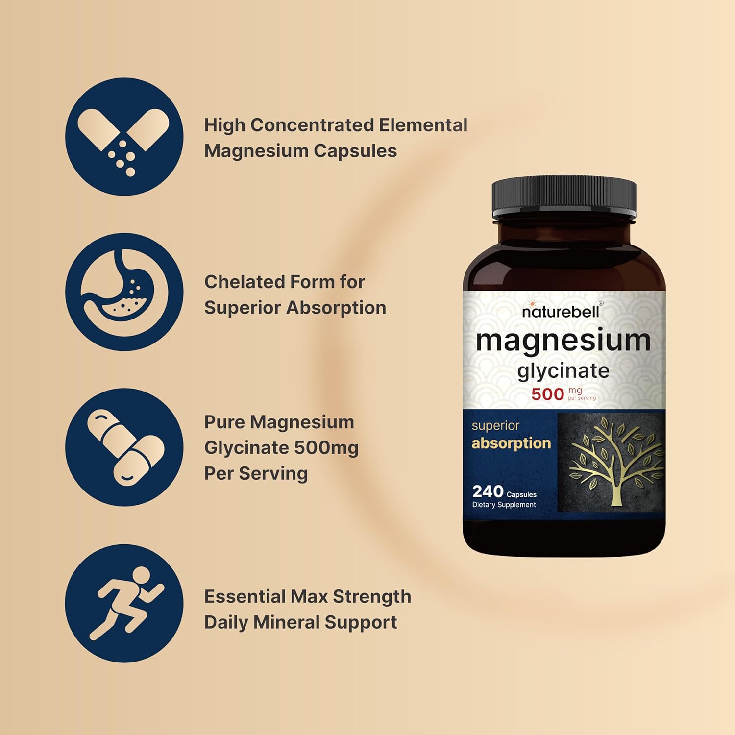 NatureBell Magnesium Glycinate Capsules 500mg | 240 Count | - Image 3