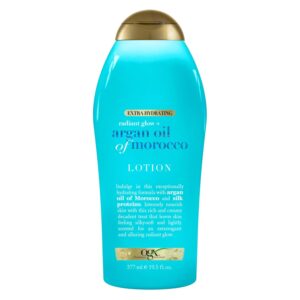 OGX Radiant Glow + Argan Oil of Morocco Extra Hydrating Body Lotion for Dry Skin, Nourishing Creamy Body & Hand Cream for Silky Soft Skin, 9.5 Ounce