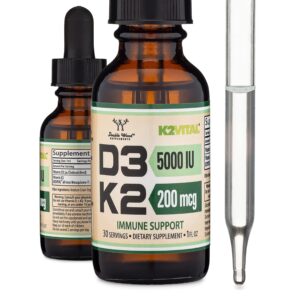 Double Wood Vitamin D3 K2 5,000 IU Liquid Drops (5,000 IU of D3 and 200mcg of 99.9% All-Trans Patented K2 MK-7 (K2Vital)) - 30 Servings