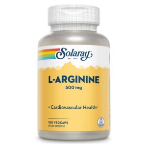 SOLARAY L-Arginine 500 mg, Nitric Oxide Supplement, Endurance, Energy, Heart Health Support, 100 Servings, 100 VegCaps