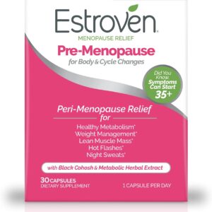 Estroven Pre-Menopause Relief, 30 Ct., Clinically Proven Ingredients, Provides Menopause Relief plus Night Sweats & Hot Flash Relief, Drug-Free or Estrogen Free
