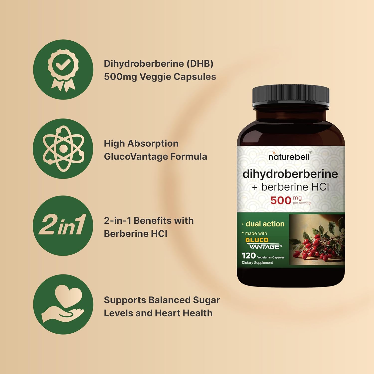 NatureBell Dihydroberberine with Berberine HCl 500mg, 120 Veggie Capsules | 5X Better Absorbed with GlucoVantage | Supports Balanced Sugar Levels & Heart Health | Vegan, Non-GMO - Image 3