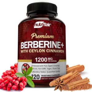 NutriFlair Premium Berberine HCL 1200mg, 120 Capsules - Plus Pure True Ceylon Cinnamon, Berberine HCI Root Supplements Pills - Immune System - yields an Optimal 8% HCl