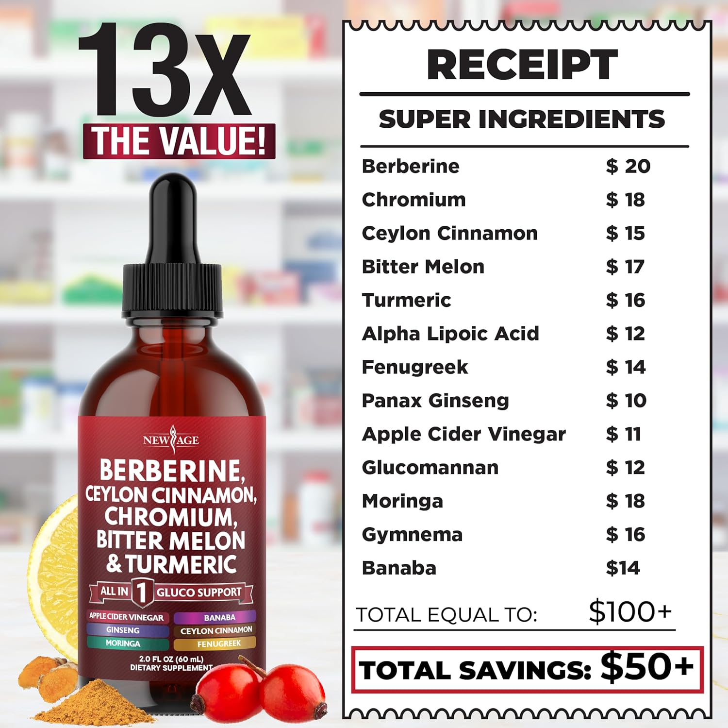 New Age Berberine with Ceylon Cinnamon Supplement Liquid Drops + Bitter Melon Extract, Glucomannan, Gymnema, Chromium, Turmeric, Panax Ginseng, Moringa- 2 OZ - Image 8