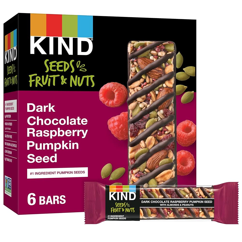 KIND Seeds Fruit & Nuts Snack Bar, Dark Chocolate Raspberry Pumpkin Seed | 5g Protein, High Fiber, Gluten Free Bars, 1.4 OZ - ONE BAR
