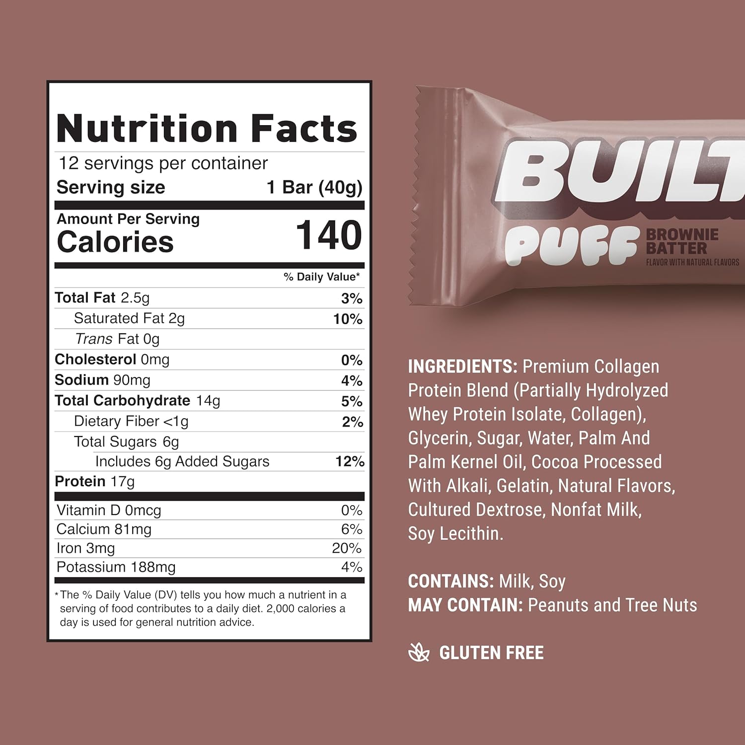 Built Bar, Puff Protein Bars, Brownie Batter Puff, 17g Protein Snacks, On-The-Go Bars, Only 140 Calories, 6g Sugar, Collagen, Gluten Free - Image 3