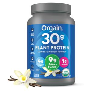 Orgain Organic 30g Vegan Protein Powder, Vanilla, 9g EAAs + BCAAs, Plant Protein, 4g Prebiotic + Fiber, 1g Sugar, Pre-Workout, Muscle Support Recovery - 2.01lb