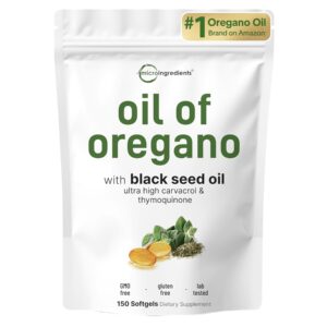 Micro Ingredients Oil of Oregano Softgels Per Serving, 150 Count | 2 in 1 Formulated with Black Seed Oil, 4X Strength Carvacrol & Thymoquinone | Plant Based, Non-GMO & Immune Support