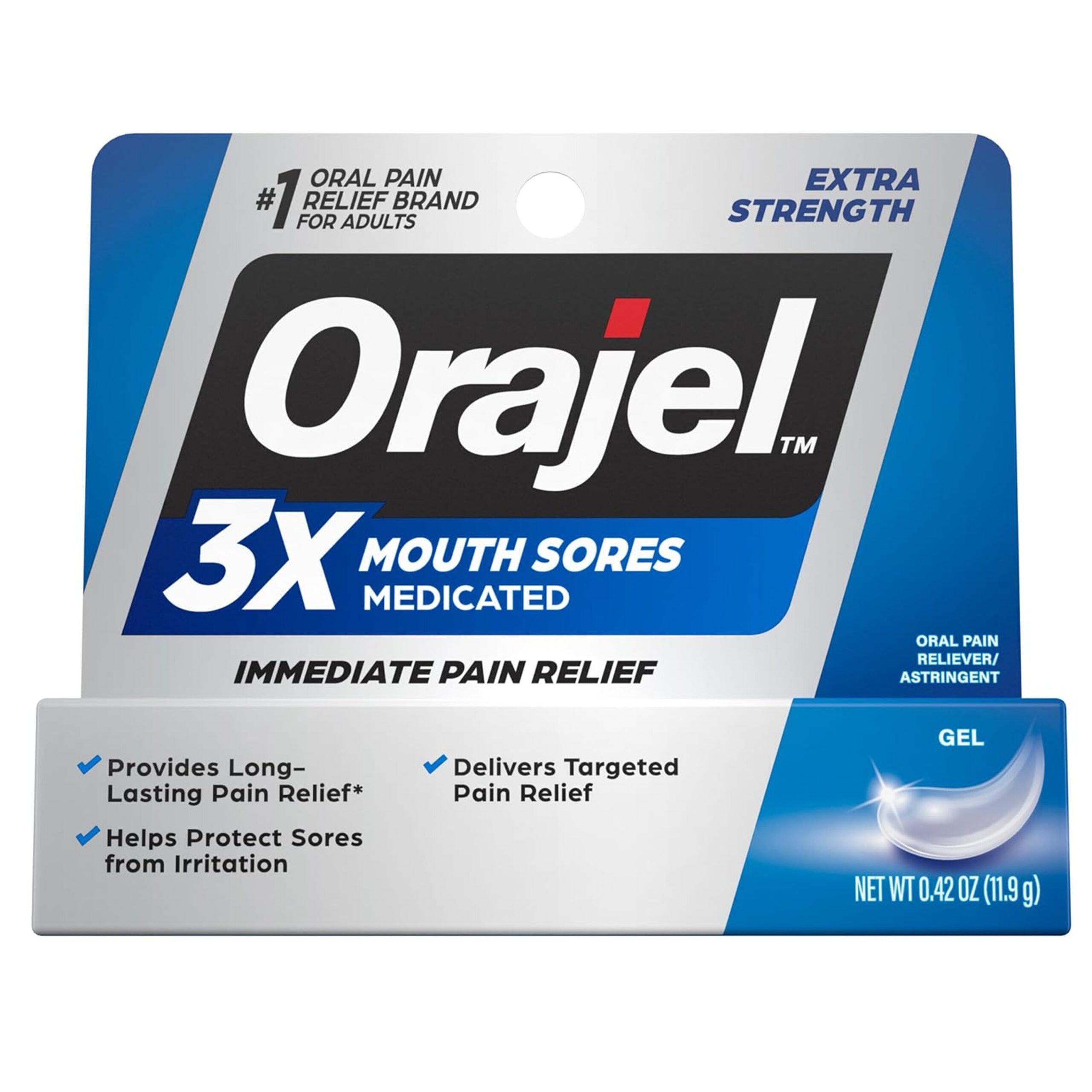 Orajel 3X for Mouth Sores: Maximum Strength Gel Tube 0.42oz- From #1 Oral Pain Relief Brand