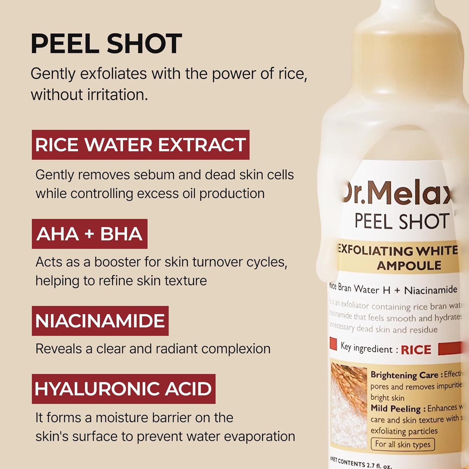 Dr Melaxin Peel Shot Glow White Rice Peeling Ampoule, Soft Exfoliating Face and Body Scrub Dead Skin Cells Remover for All Skin Types 80ml - Image 6
