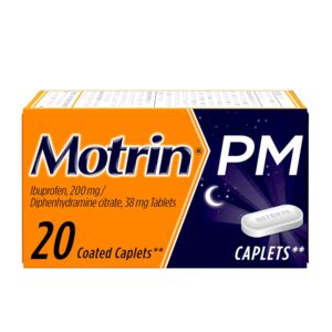 Motrin PM Pain Relief Caplets with 200 mg Ibuprofen & 38 mg Diphenhydramine Sleep Aid, Nighttime Pain Reliever for Minor Aches & Pains Helps You Fall Asleep & Stay Asleep, 20 ct