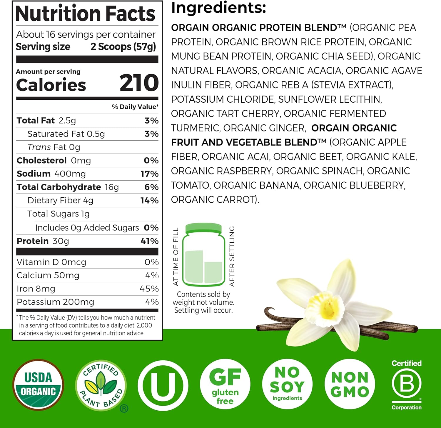 Orgain Organic 30g Vegan Protein Powder, Vanilla, 9g EAAs + BCAAs, Plant Protein, 4g Prebiotic + Fiber, 1g Sugar, Pre-Workout, Muscle Support Recovery - 2.01lb - Image 3