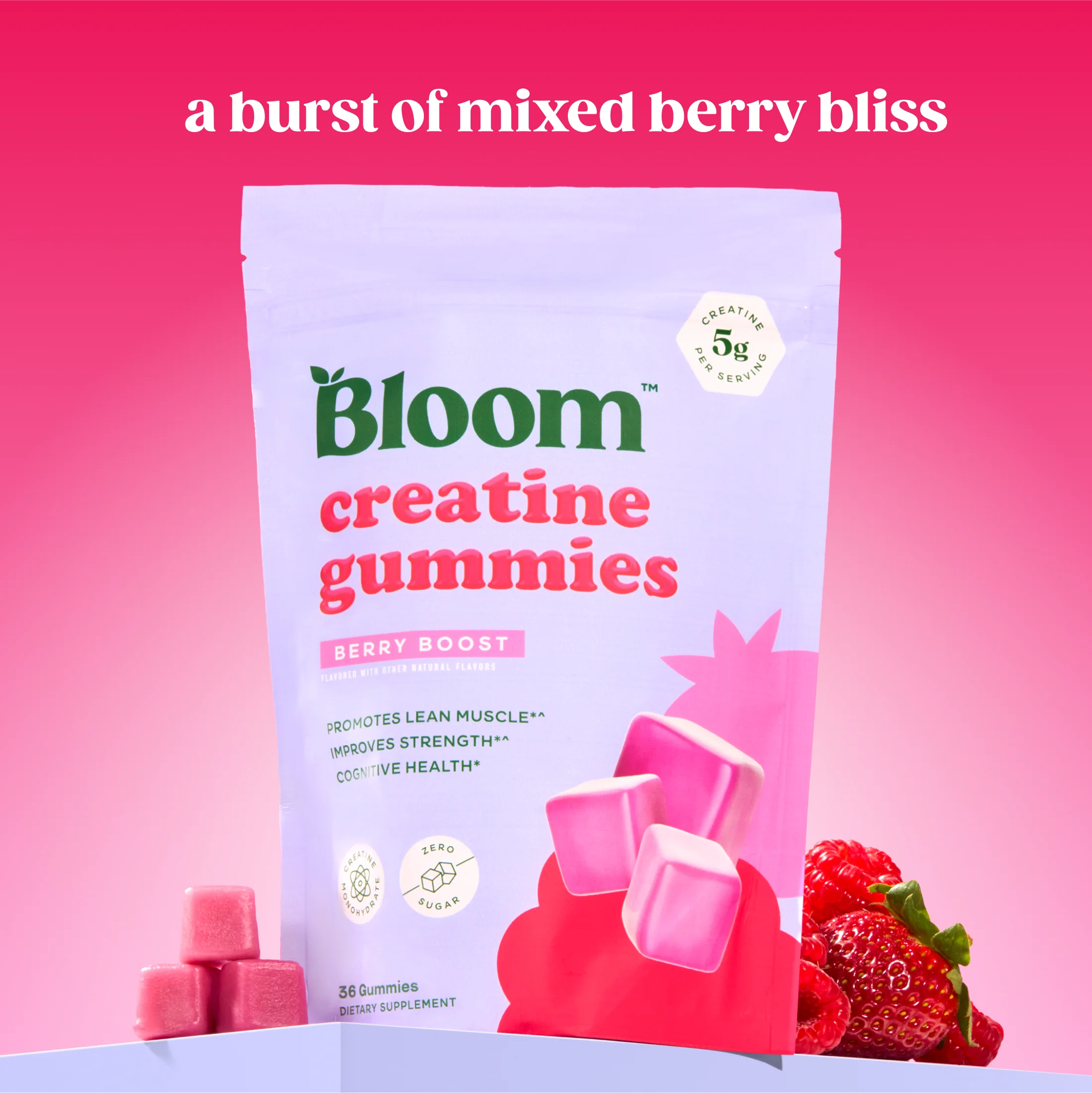 Bloom Creatine Monohydrate Gummies, 5g Per Serving, Sugar Free Creatine Gummy for Workout, Strength, Cognitive Health & Lean Muscle Support, Gluten Free & Non GMO, Berry Boost, 36 Gummies, 12 SVG