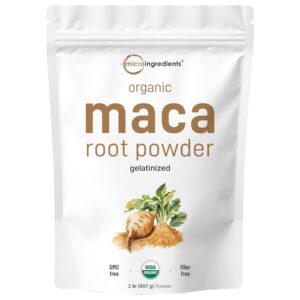 Micro Ingredients Organic Maca Root Powder, 2 lb, Gelatinized for Better Absorption, Antioxidants, Help Energy, Stamina, Endurance, Strength and Immune System, No GMOs, Vegan Friendly and Peru Origin