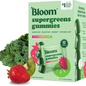 Bloom Super Greens Gummies, Daily Greens Superfood Fiber Gummies with Fruits, Vegetables, Vitamins & Minerals for Digestive & Gut Health, Bloating Support, Strawberry Kiwi, 12 Servings (48 Gummies Total)