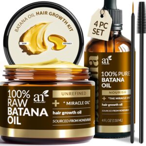 artnaturals Batana Oil for Hair Growth – 4Pc Set: Raw Batana oil 4oz + 4.2oz Paste, Lash Wand & Brow Brush– Organic Dr. Sebi Inspired Products from Honduras –100% Unrefined Miracle for Scalp, Edges & Eyebrows