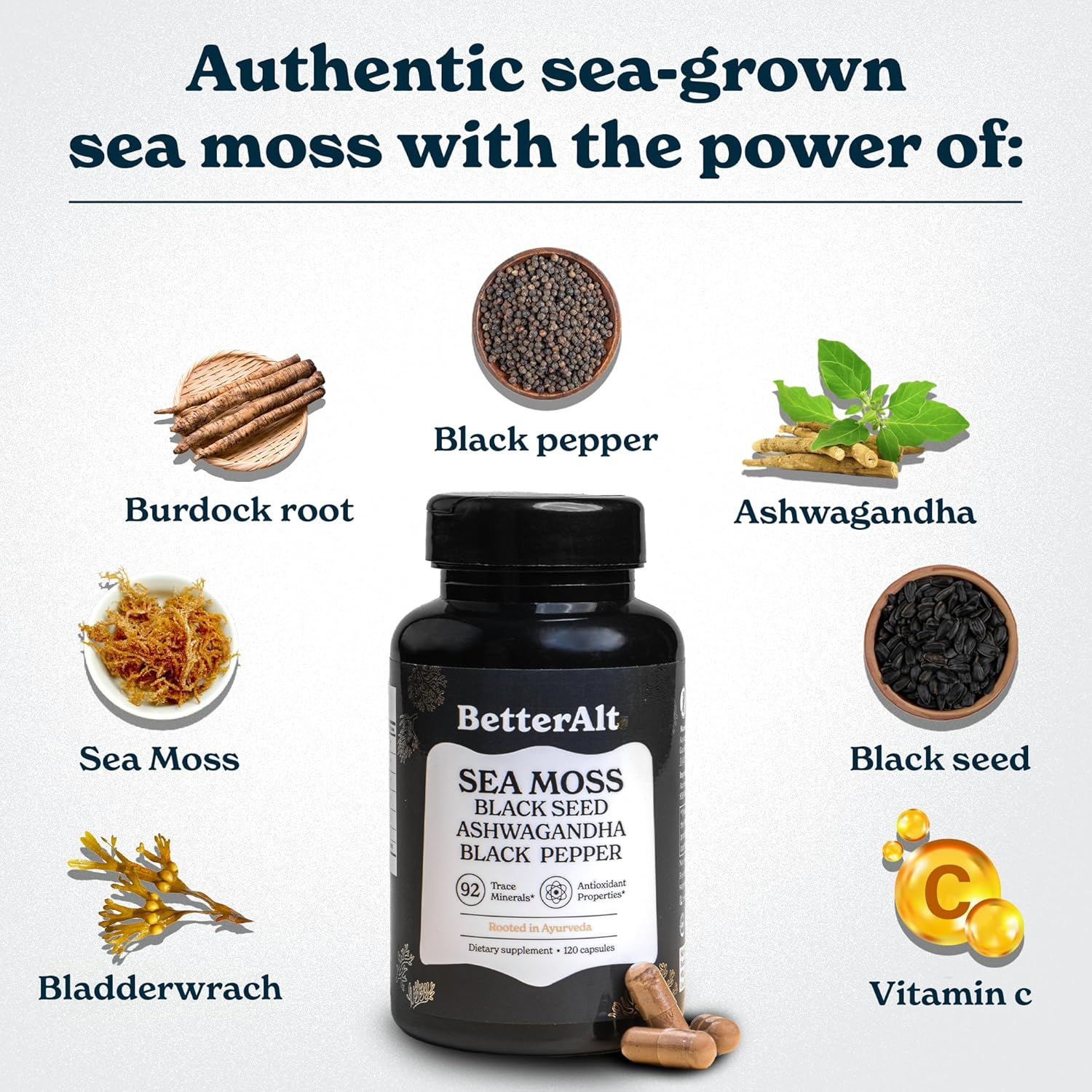 Better Alt Seamoss Capsules- Irish Sea Moss with Black Seed Oil, Ashwagandha & Black Pepper for Stamina, Strength & Endurance- High Potency Sea Moss Supplement - 60 Servings, 120 Capsule - Image 4