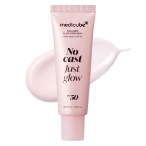 medicube No Cast Just Glow Collagen Sunscreen | SPF 50 Broad Spectrum Face Sunscreen | Lightweight, Non-Sticky, Hydrating Formula | No White Cast or Residue | Peptide, Cica for Soothing & Natural Glow