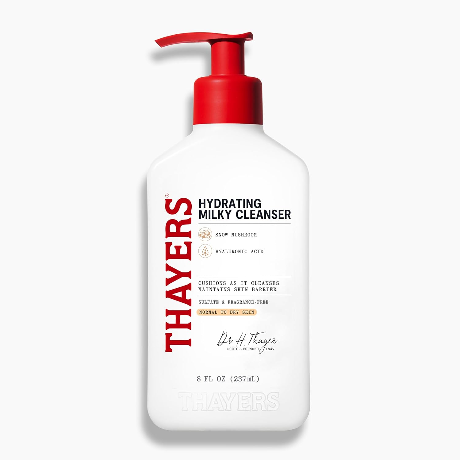 THAYERS Milky Hydrating Face Cleanser with Snow Mushroom, Hyaluronic Acid, Dermatologist Recommended Gentle Facial Wash, Hydrating Skincare for Dry, Sensitive Skin, Paraben Free, 8 FL Oz, Clear