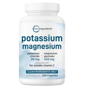 Micro Ingredients Potassium Supplement with Magnesium Glycinate, 300 Capsules | Enhanced with Fat-Soluble Vitamin C | Chloride + Glycinate Mineral Electrolyte Complex | Only Active Ingredients | Filler Free