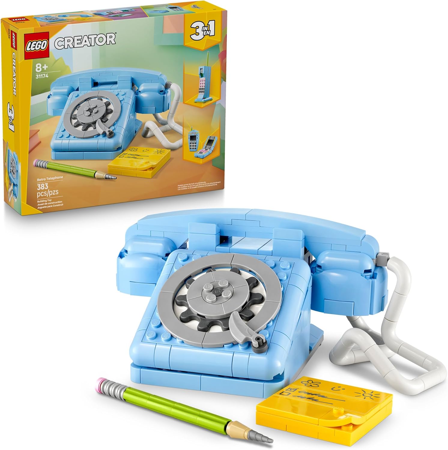 LEGO Creator 3 in 1 Retro Telephone Kids Toy - Home Decor for Bedroom or Kids Room - Building Toy and Learning Playset for Girls & Boys, Ages 8+ - 31174