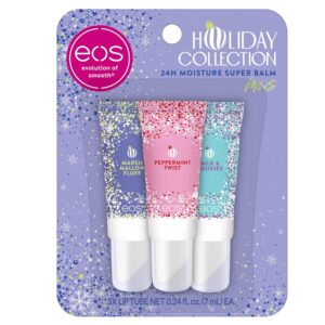 eos Holiday 24H Moisture Mini Super Balm Set, Peppermint Twist, Milk & Cookies, Marshmallow Fluff, Limited Edition Lip Care, Stocking Stuffers, 0.24 fl oz, 3-pack