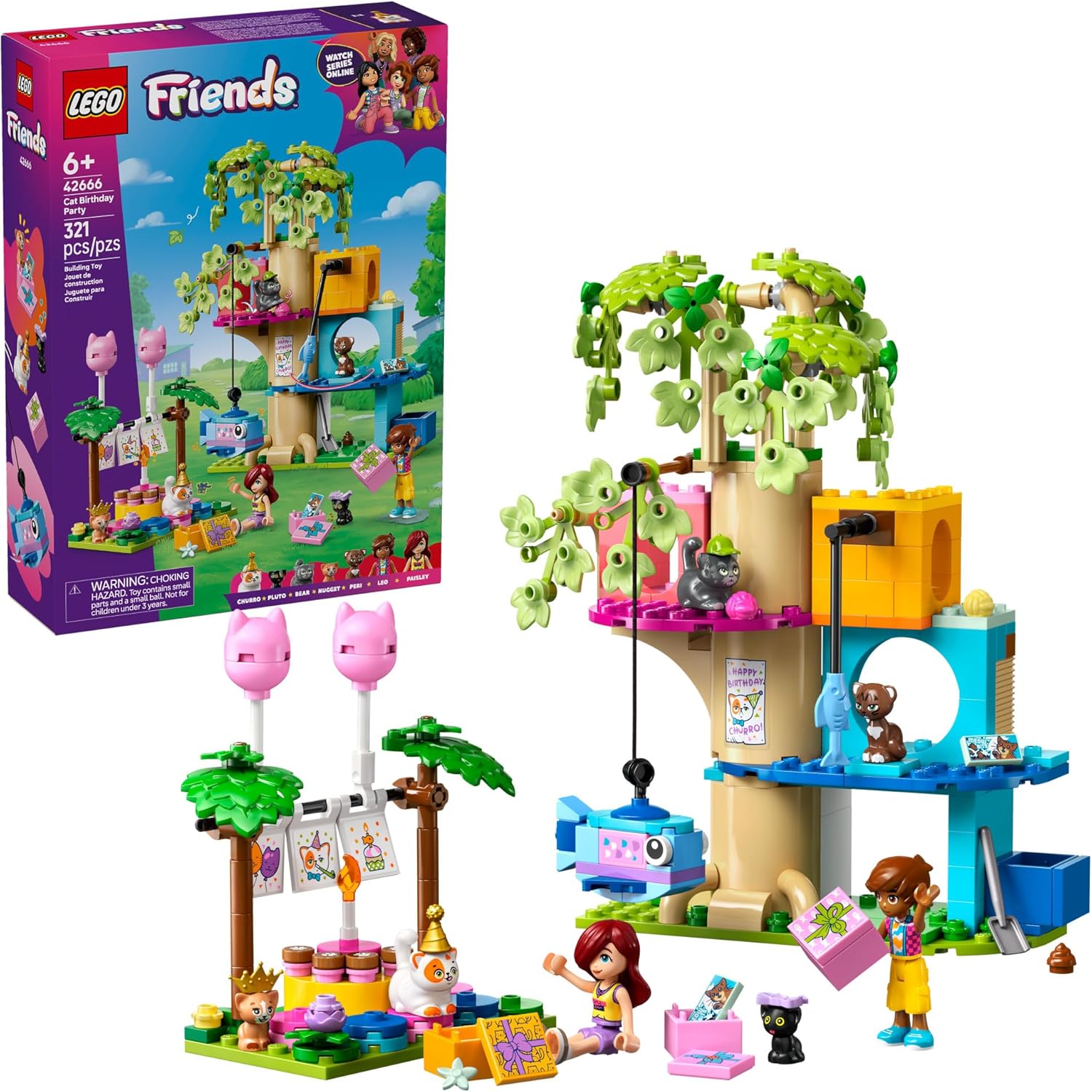 LEGO Friends Cat Birthday Party & Tree House Building Toy - Pretend Play Building Blocks W/Cat Toys & 2 Minidolls - Creative Storytelling Kids Toy for Girls and Boys, 9+- 42666