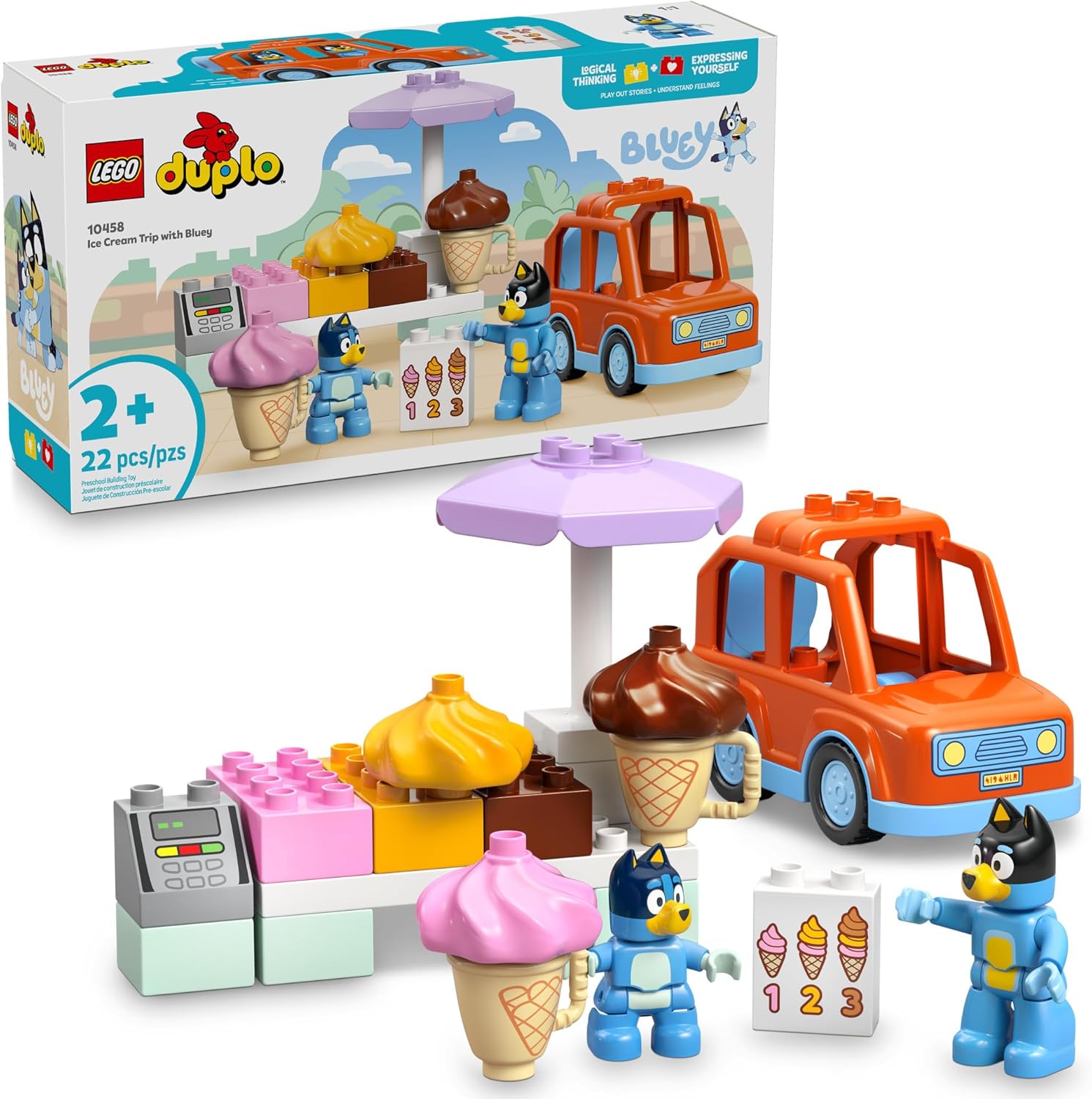 LEGO DUPLO Bluey Ice Cream Trip with Bluey - Toddler Toy for Kids, Boys, and Girls Ages 2+ - Includes Figure and Ice Cream Stand - Sensory Toy for Pretend Play - Preschool Gift Idea - 10458