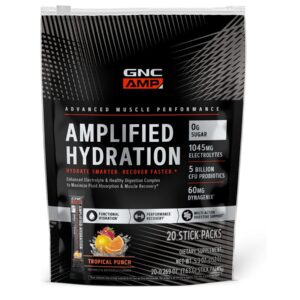GNC AMP Amplified Hydration Electrolyte Powder Drink Mix | Enhanced Electrolyte & Healthy Digestion Complex | Tropical Punch | 20 Count