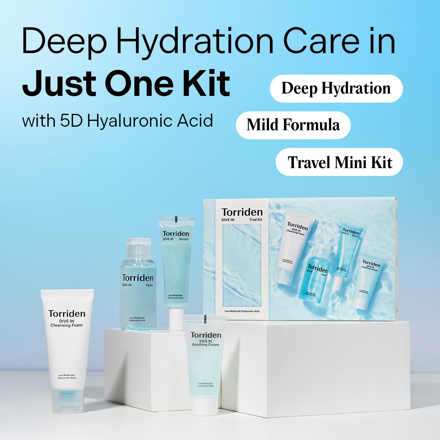 Torriden DIVE IN Trial Kit | Hyaluronic Acid Infused Daily Skincare Kit - 4 Step Regimen with Foam Cleanser, Facial Toner, Serum, and Cream | Travel Essential | Holiday Gift Stocking Stuffer - Image 4