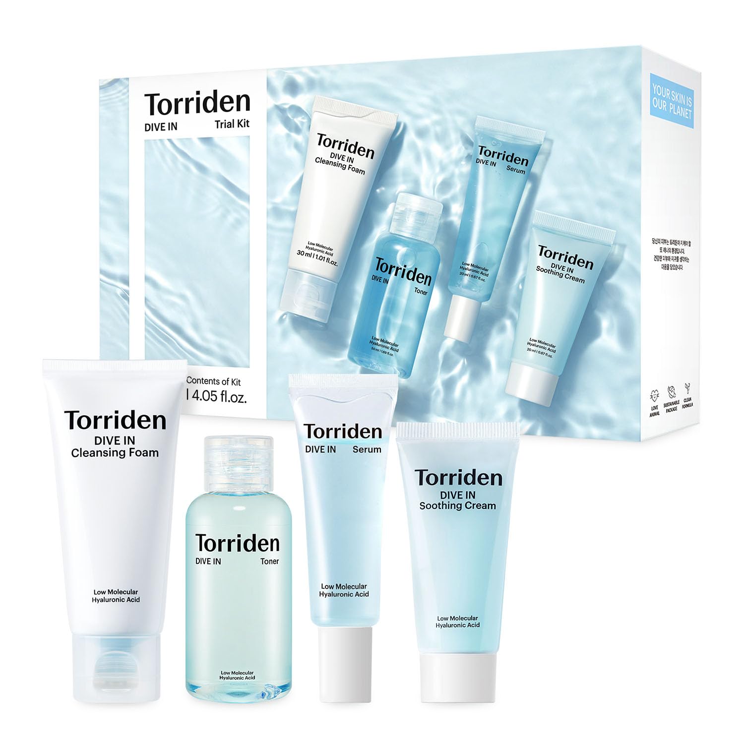 Torriden DIVE IN Trial Kit | Hyaluronic Acid Infused Daily Skincare Kit - 4 Step Regimen with Foam Cleanser, Facial Toner, Serum, and Cream | Travel Essential | Holiday Gift Stocking Stuffer