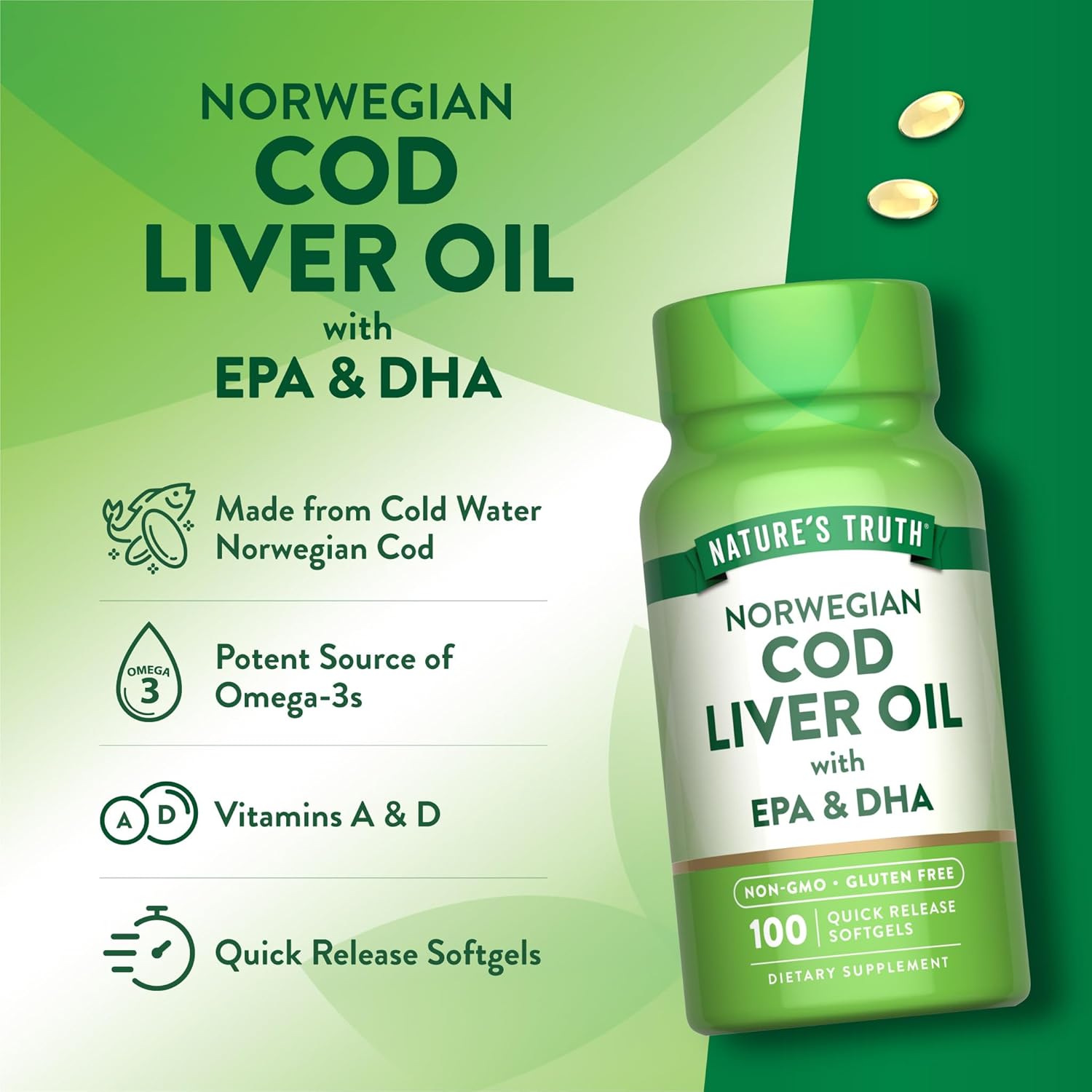 Nature's Truth Norwegian Cod Liver Oil | 100 Softgels | with EPA & DHA | Non-GMO & Gluten Free Supplement - Image 5