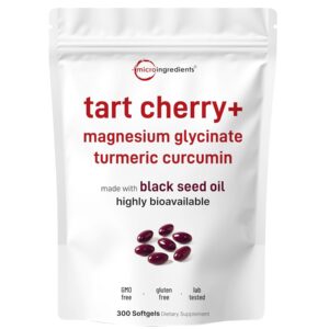 Micro Ingredients Tart Cherry+ with Magnesium Glycinate & 95% Turmeric Curcumin, 300 Softgels | Highly Bioavailable with Black Seed Oil Carrier | Extra Strength Tart Cherry Extract |