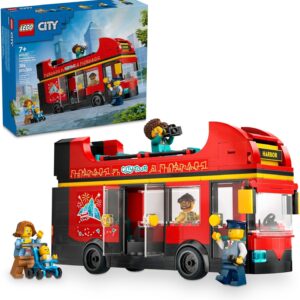 LEGO City Red Double-Decker Sightseeing Bus Toy Vehicle Set, Birthday Gift for 7 Year Olds, for Kids, Double-Decker London Bus Toy, 5 Characters Including a Baby and Stroller, 60407