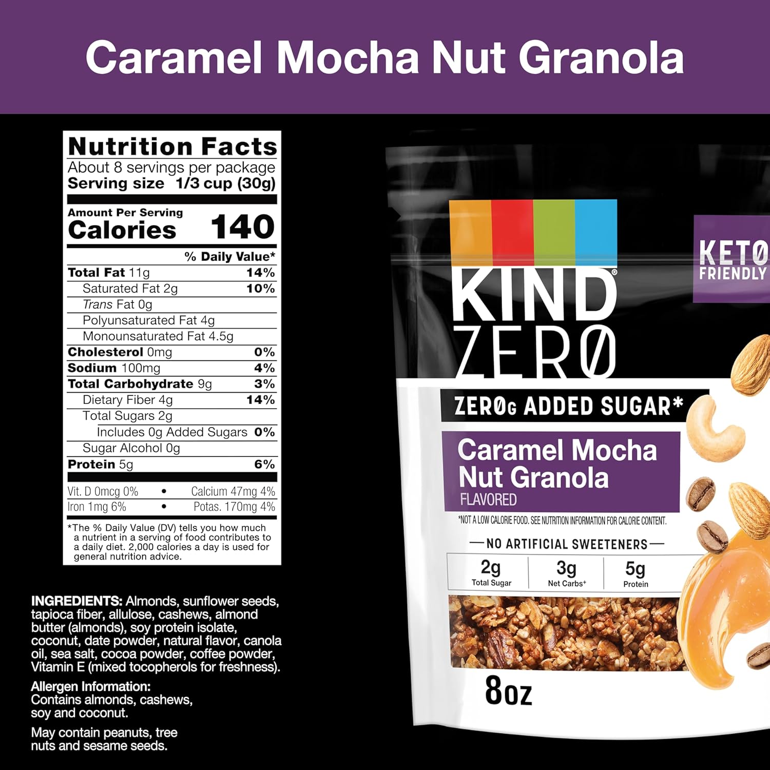 KIND Zero Added Sugar Keto Granola, Caramel Mocha Nut, Good Source of Fiber, Gluten Free, Low Sugar, 5g Protein, - Image 3