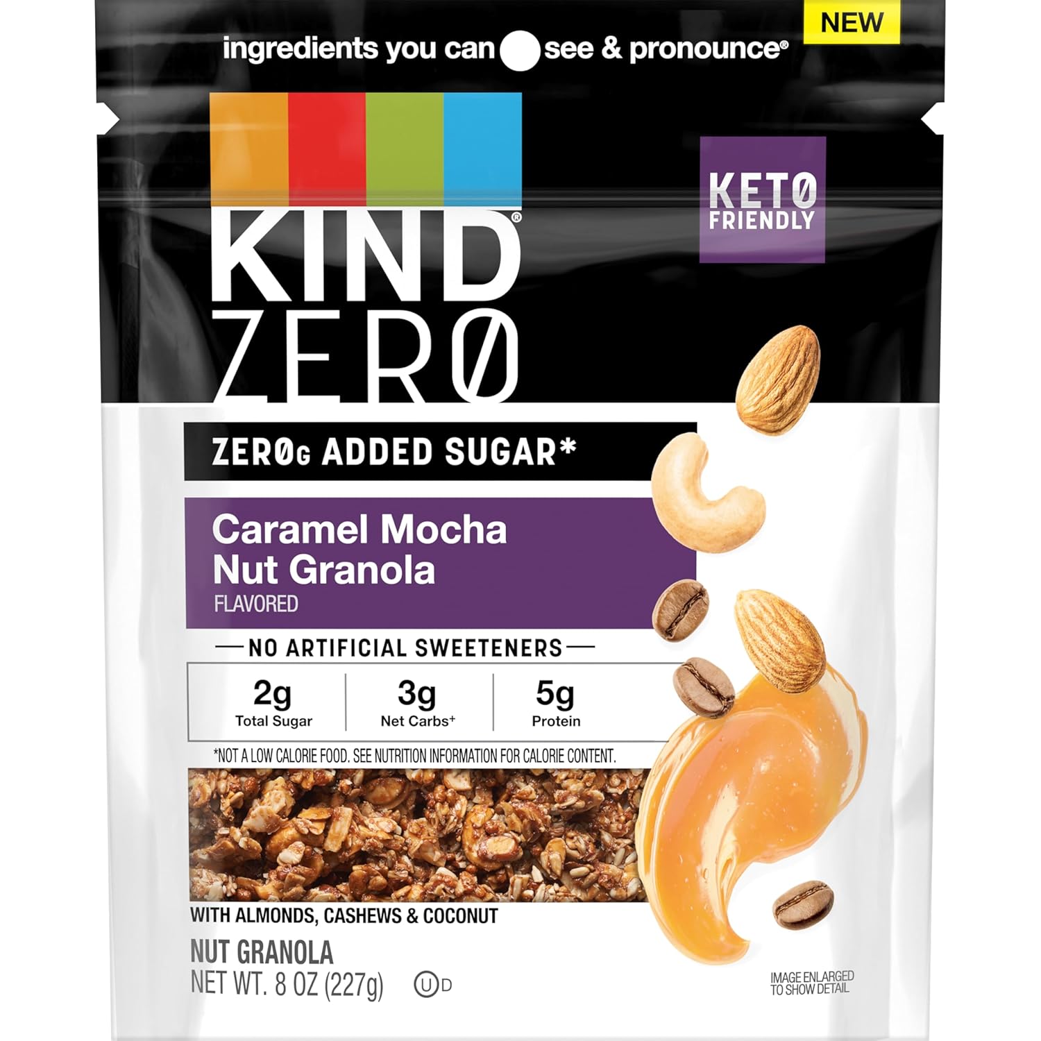 KIND Zero Added Sugar Keto Granola, Caramel Mocha Nut, Good Source of Fiber, Gluten Free, Low Sugar, 5g Protein,