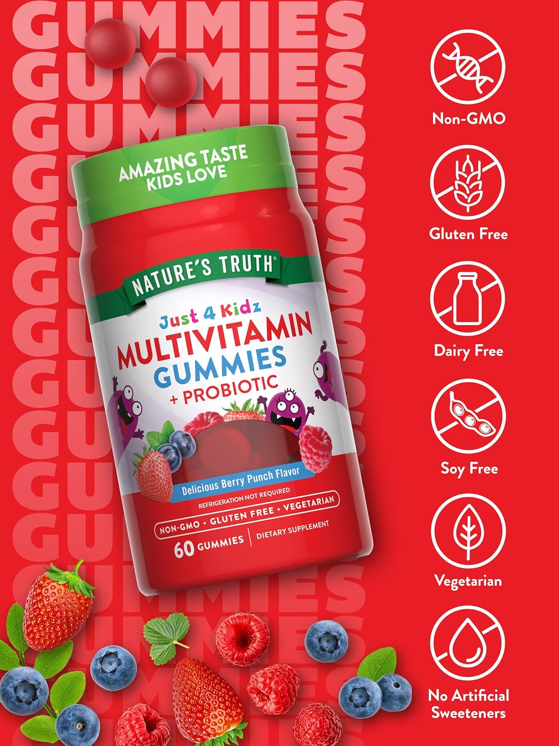 Nature's Truth Kids Multivitamin Gummies with Probiotics | 60 Count | Berry Punch Flavor | Vegetarian, Non-GMO, and Gluten Free Supplement - Image 3