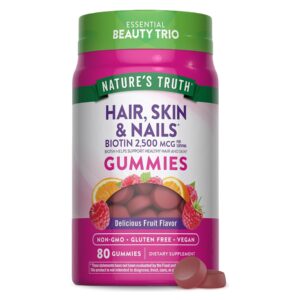 Nature's Truth Hair Skin and Nails Gummies | 80 Count | 2500mcg of Biotin | Vegan, Non-GMO, Gluten Free Supplement | Vitamin for Women & Men