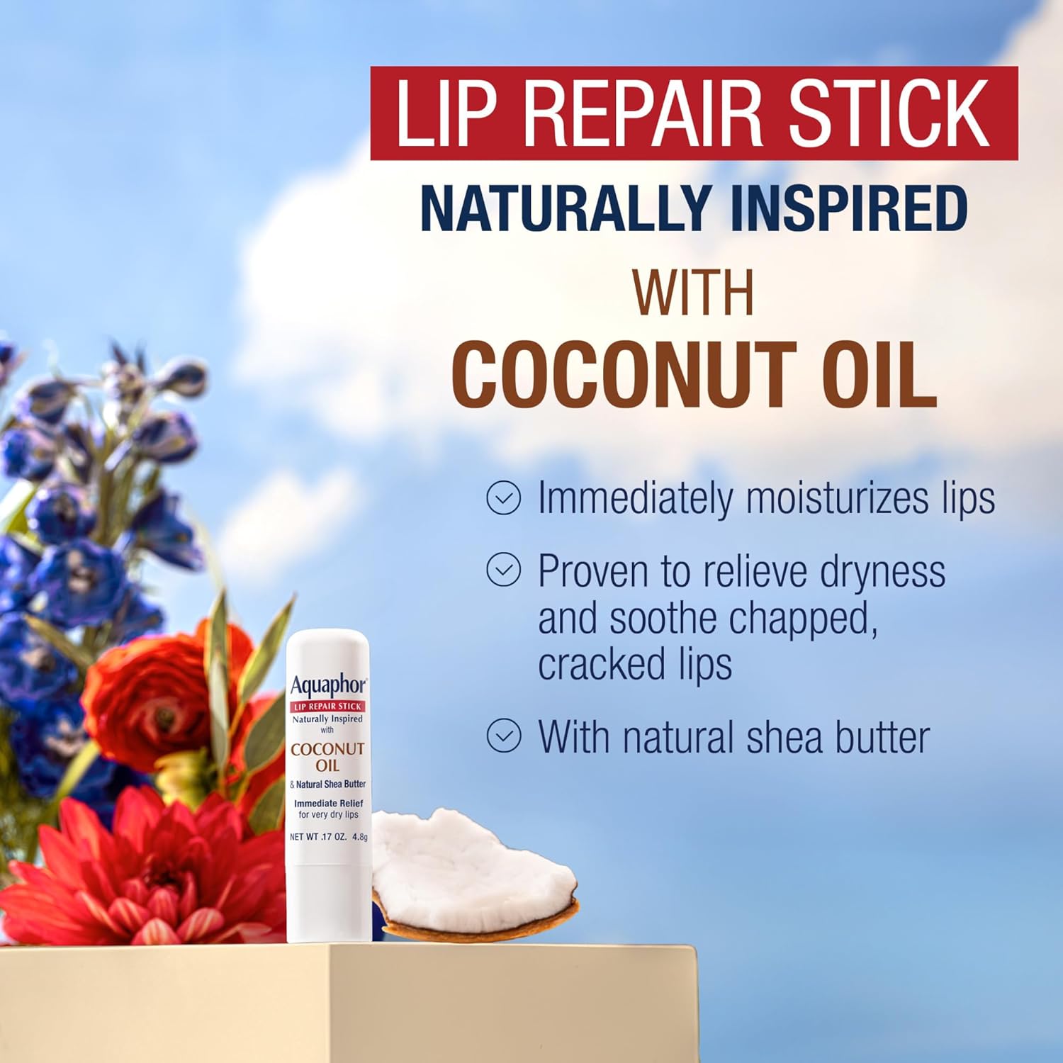 Aquaphor Naturally Inspired Lip Repair Stick with Coconut Oil and Natural Shea Butter, Hydrating Lip Balm Immediately Relieves Dryness, 0.17 Oz Stick - Image 6