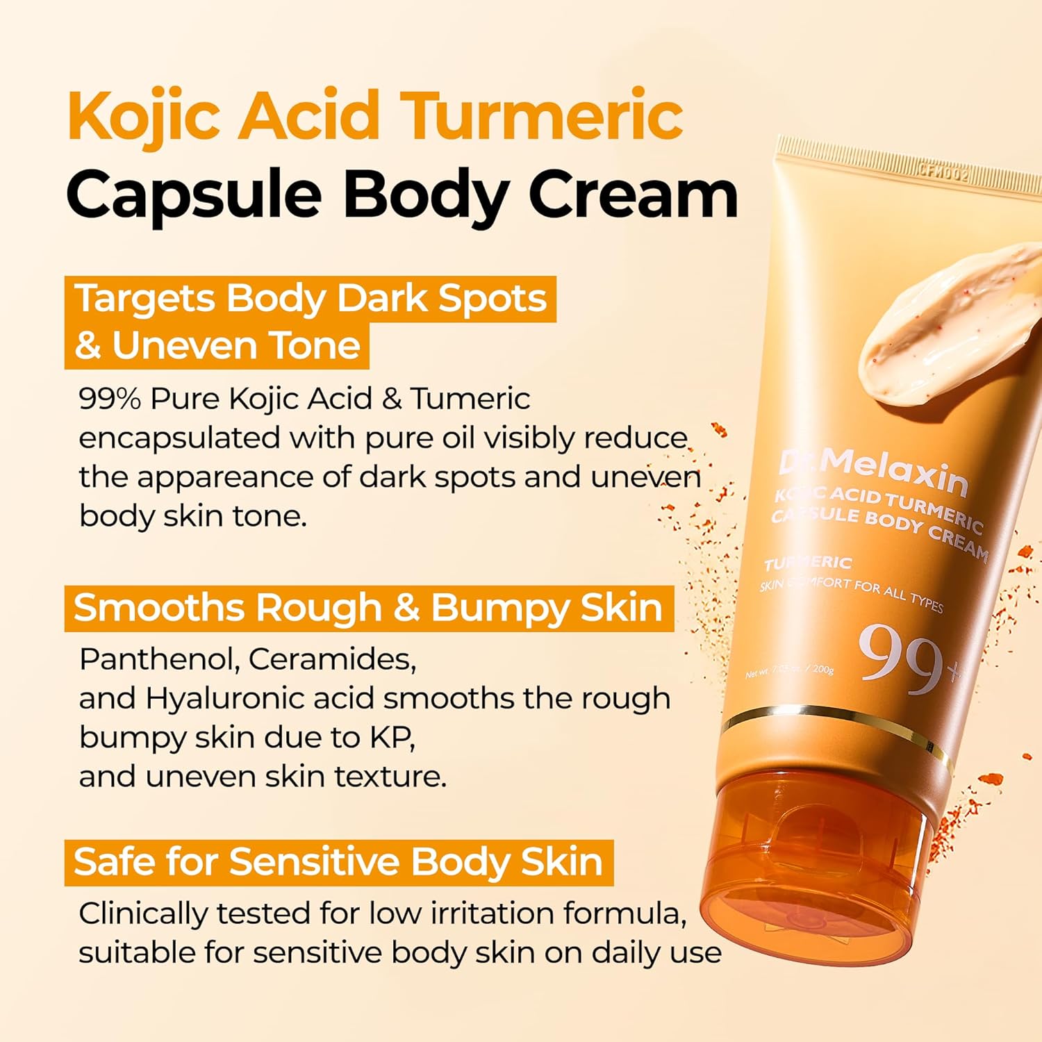 Dr Melaxin Kojic Acid Turmeric Capsule Body Cream, Brightening Body Moisturizer for Dark Spots and Uneven Skin Tone, with Ceramides & Hyaluronic Acid, 200g - Image 3