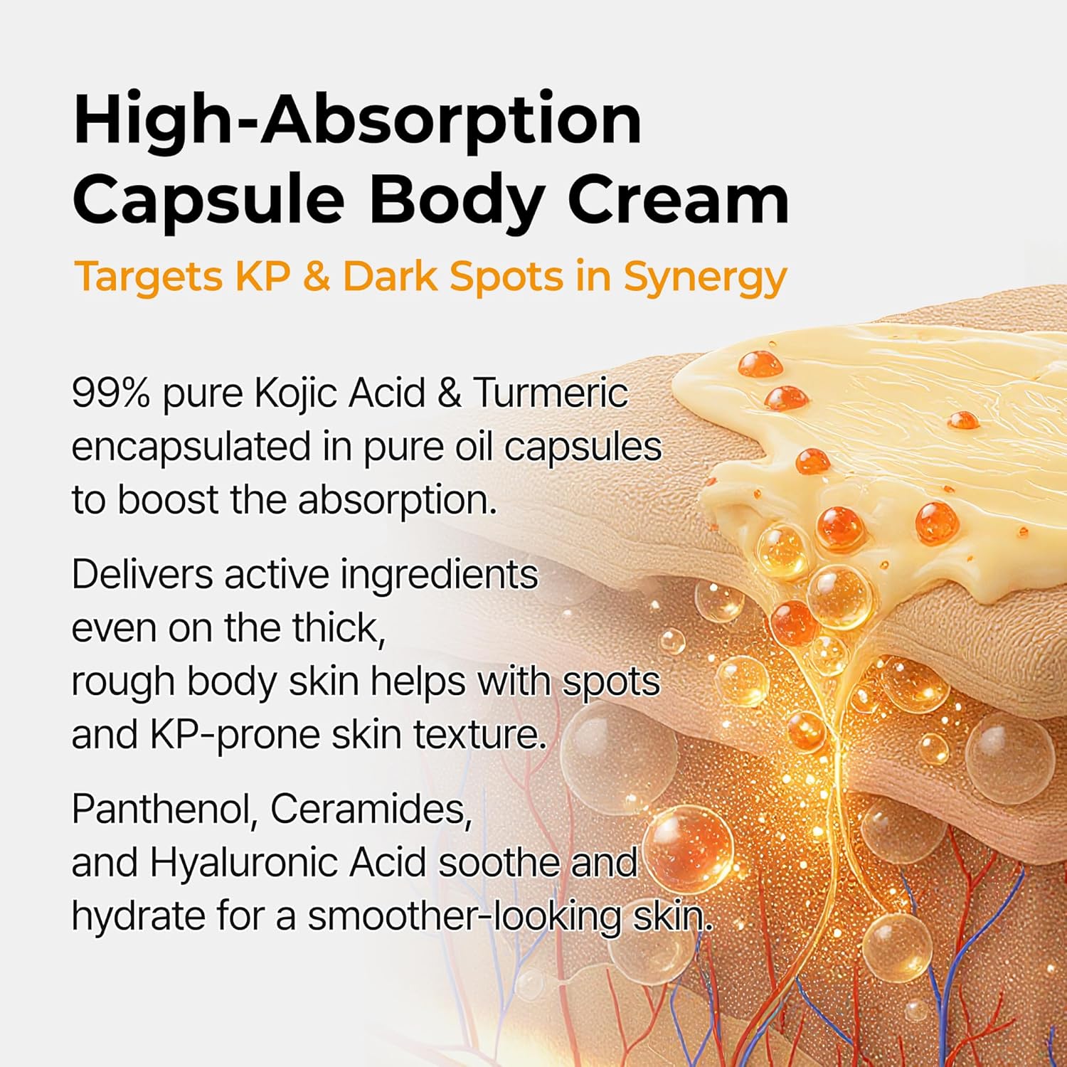 Dr Melaxin Kojic Acid Turmeric Capsule Body Cream, Brightening Body Moisturizer for Dark Spots and Uneven Skin Tone, with Ceramides & Hyaluronic Acid, 200g - Image 6