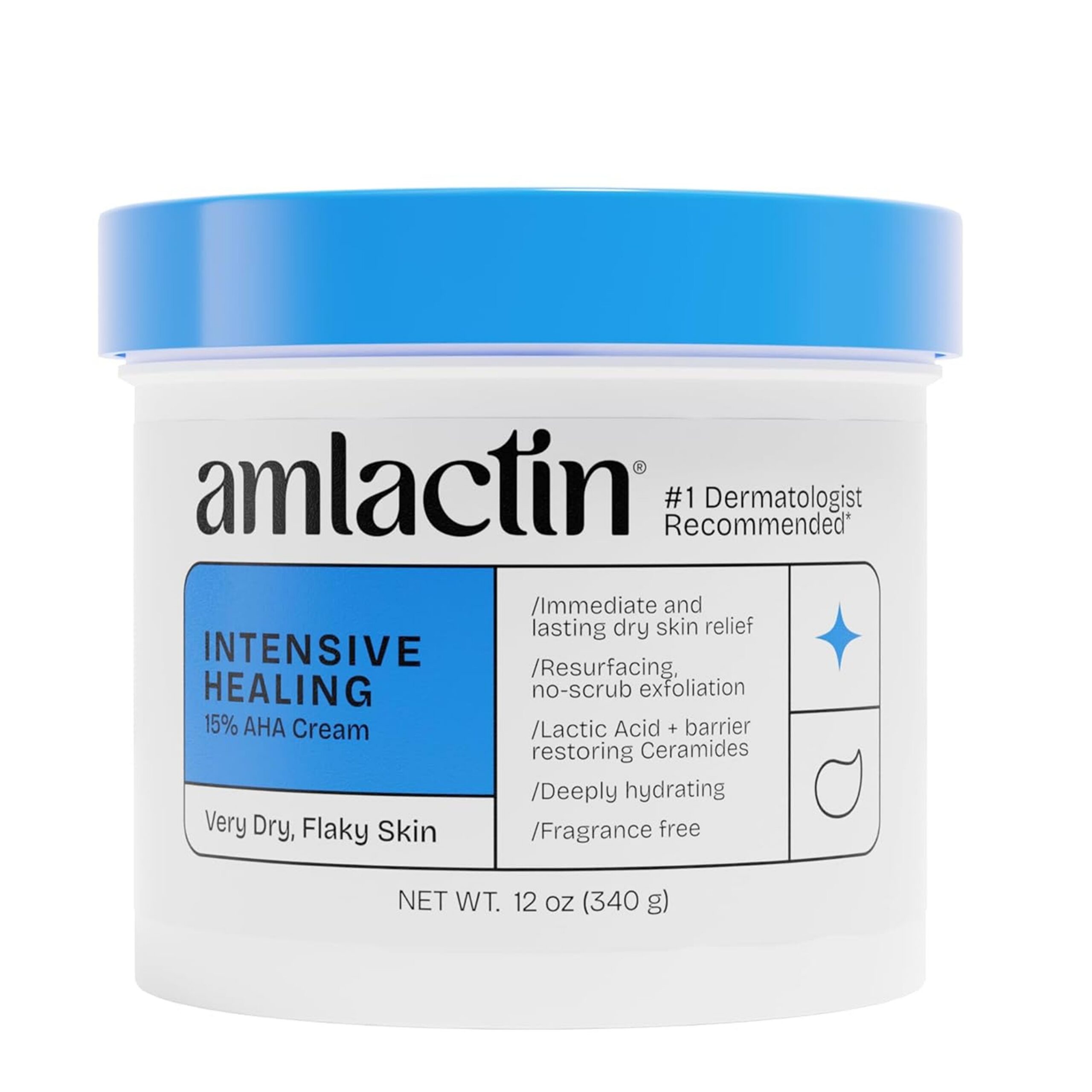 AmLactin Intensive Healing - Therapeutic Body Cream for Extremely Dry Skin - No-Scrub Exfoliator and Body Moisturizer Cream with 15% Lactic Acid AHA and Ceramides, 12 oz (Packaging May Vary)