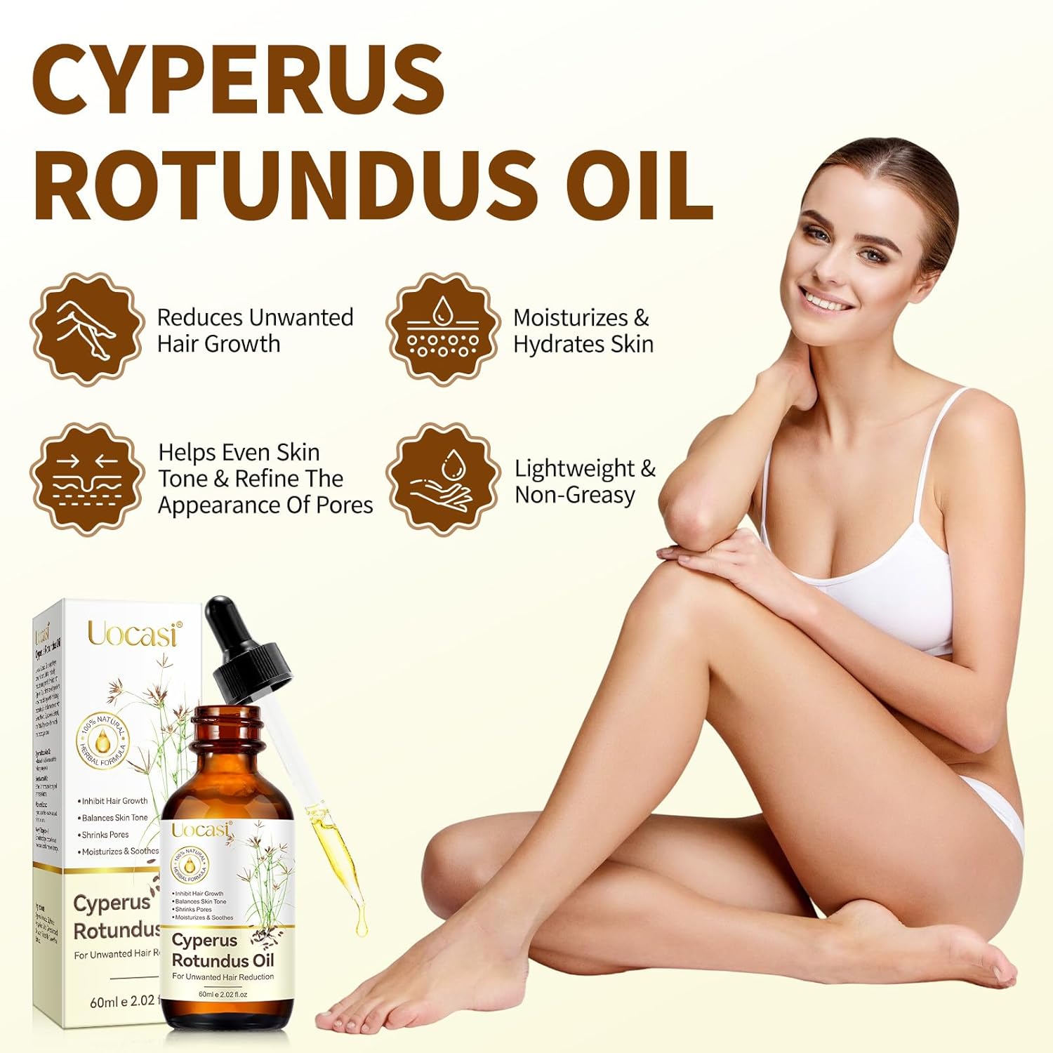 Uocasi Cyperus Rotundus Oil, Cypress Rotundus Oil for Hair Removal, Natural Inhibitor to Reduce Unwanted Hair Growth, Soothes Skin & Minimizes Pores, All Skin Types, 2.02 Oz - Image 5